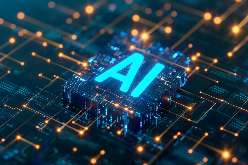 word AI - artificial intelligence circuit board with blue and orange glow